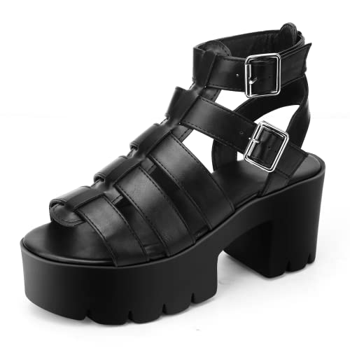 READYSALTED Chunky Platform Sandals for Women Comfortable Gladiator Open Toe High Heeled with Buckle Ankle Strap Block Summer - 8 - Jaffa21-black