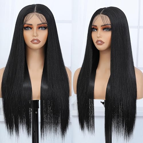 Silk Straight Synthetic Lace Front Wig Pre Plucked Wear And Go Glueless Wig HD Synthetic Lace Front Wigs for Women 180 Density 26 inch Black Natural Looking Hair Lace Wig - Black