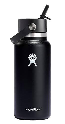 HYDRO FLASK Wide Mouth vacuum insulated stainless steel water bottle with leakproof closeable straw lid for cold water drinks, sports, travel, car and school - 32 Oz - Black