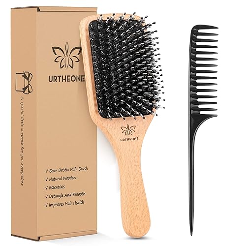 Hair Brush Boar Bristle Hairbrush for Thick Curly Thin Long Short Wet or Dry Hair Adds Shine and Makes Hair Smooth, Best Paddle Hair Brush for Men Women Kids - Natural Wood