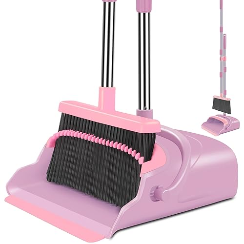 kelamayi Broom and Dustpan Set for Home, Office, Indoor&Outdoor Sweeping, Stand Up Broom and Dustpan (Pink) - Pink