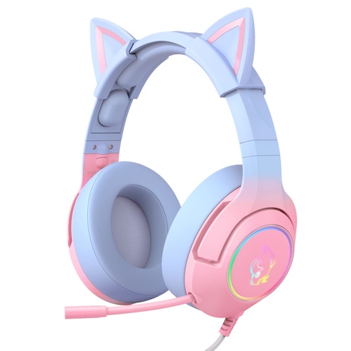 GAMQUE Gaming Headset with Removable Cat Ears, Compatible with PC PS4 PS5 Xbox One(Adapter Not Included) Mobile Phones, with Surround Sound, RGB Light & Noise Canceling Retractable Mic, Gradient Color
