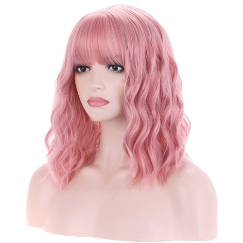 BERON 14 Inches Women Girls Short Curly Synthetic Wig with Bangs Lovely Pink - Lovely Pink