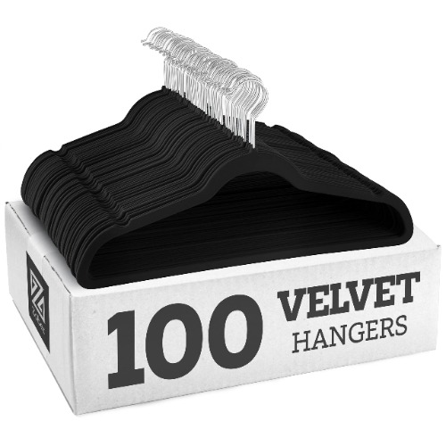 Zober Velvet Hangers 100 Pack - Black Hangers for Coats, Pants & Dress Clothes - Non Slip Clothes Hanger Set w/ 360 Degree Swivel, Holds up to 10 lbs - Strong Felt Hangers for Clothing