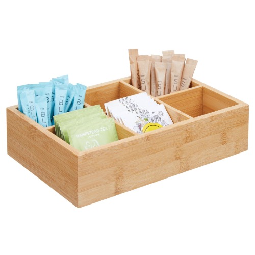 mDesign Bamboo Tea & Food Storage Organizer Container Box - Wooden Holder Case for Tea Bags, Coffee, Snacks, Sugar, Sweeteners, and Small Packets - Echo Collection - Natural Wood