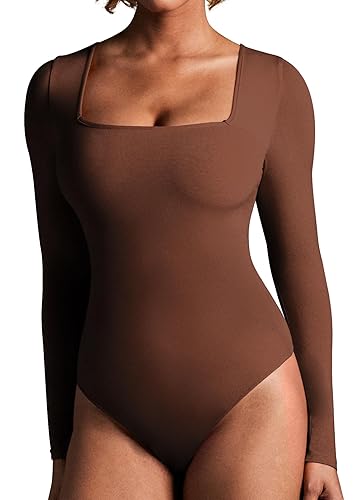 IUGA Long Sleeve Bodysuits for Women Square Neck Bodysuit Shapewear Bodysuit Tummy Control Slimming Body Suit for Womens - Long Sleeve - Large - Brownie