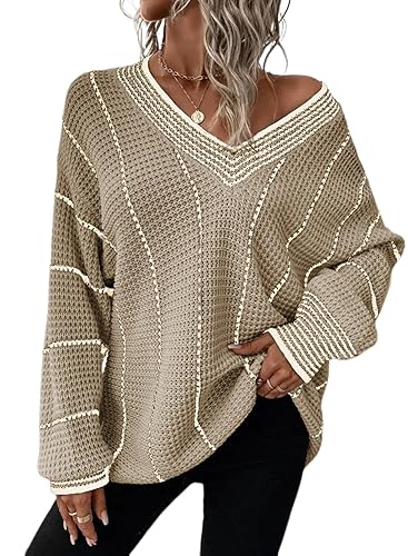 Dokotoo Womens Oversized Striped Tunic Sweaters Casual V Neck Long Sleeve Color Block Knit Pullover Jumper Tops - Medium - Apricot