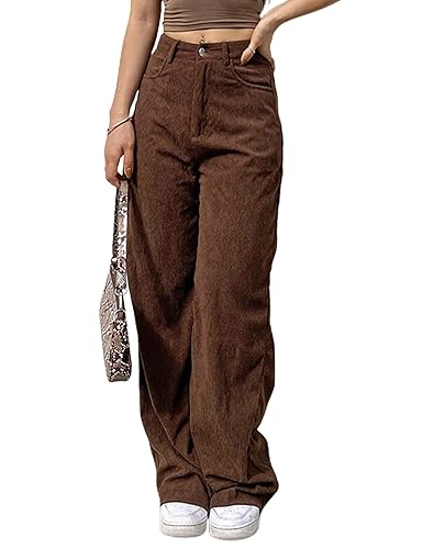 SCUSTY Women's Vintage Corduroy High Elastic Waist Wide Leg Pocketed Pants Trouser - X-Large - Brown