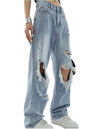 FCOOLYEET Men's Baggy Jeans Y2k Grunge Distressed Ripped Jeans Streetwear Wide Leg Hip Hop Denim Pants with Holes - X-Large - Blue
