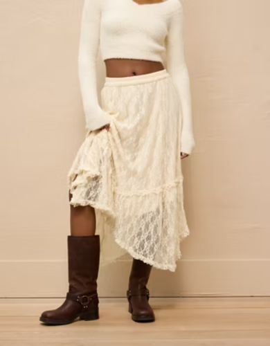 AE High-Waisted Handkerchief Hem Lace Maxi Skirt