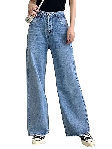 HDLTE Women Wide Leg Jeans High Waist Baggy Jeans for Women Loose Boyfriends Jeans Denim Pants Y2K 90s - Blue - X-Large