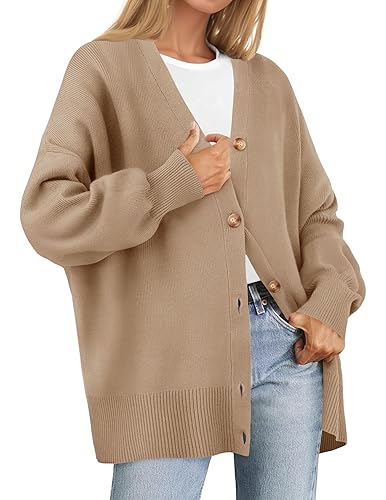 ZESICA Women's 2024 Casual Long Sleeve Cardigan V Neck Button Down Open Front Knit Loose Oversized Sweater Coat - X-Large - Khaki