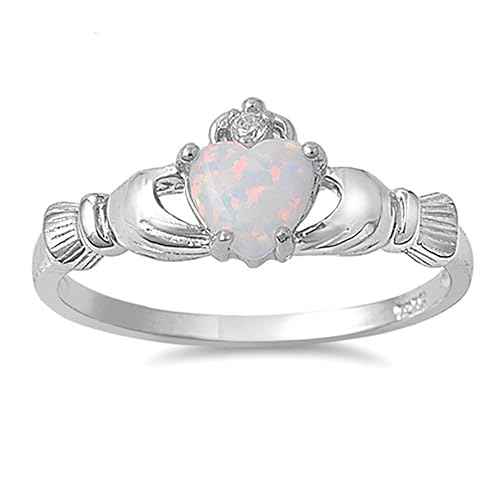 Oxford Diamond Co Sterling Silver Irish Claddagh Simulated Gemstone Promise Ring Available - Lab Created White Opal - 10