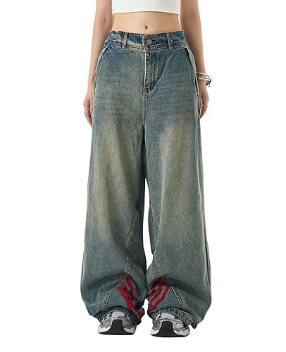 Lafaguw Baggy Jeans for Women Men Ripped Straight Leg Pants High Waisted Distressed Jeans Y2K Grunge Summer Clothes. - X-Large - Blue8