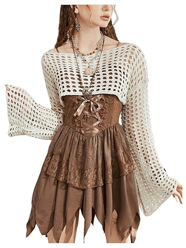 SHENHE Women's Hollow Out Knitted Pullover Sweater Crochet Cropped Sweater Top Long Sleeve Casual Cover Up Top - X-Large - Apricot