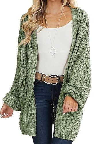 Maroway Womens Cardigan Solid Color Long Sleeve Open Front Chunky Knit Sweater Outwear - XX-Large - Green