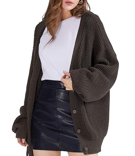 QUALFORT Women's Cardigan Sweater 100% Cotton Button-Down Long Sleeve Oversized Knit Cardigans - Brown - 3X-Large