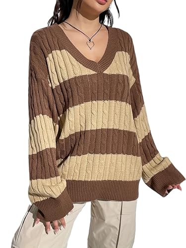 Womens Argyle Plaid Knitted Sweaters Vintage Long Sleeve Plaid Pullovers Sweaters Y2K 90s E-Girl Knitwear Jumper Top - Large - Coffee