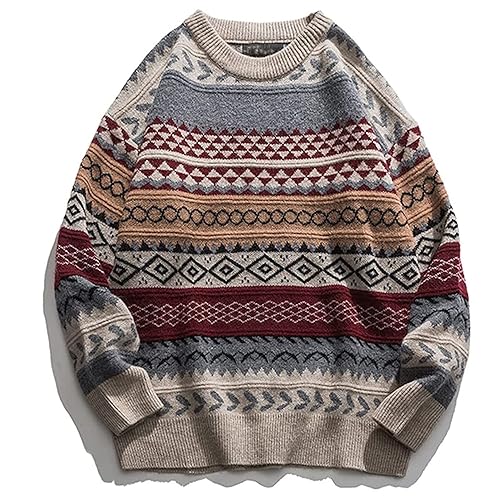 PEHMEA Men's Vintage Striped Sweater Oversized Knitted Pullover Crewneck Long Sleeve Colorblock Jumper Tops - X-Large - Winered