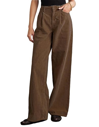 Women's High Waisted Wide Leg Corduroy Pants Vintage Loose Comfy Trousers with Pockets - Brown - X-Large