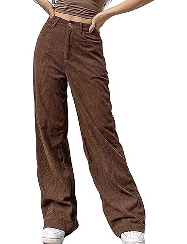 Himosyber Corduroy Pants for Women Wide Leg High Waist Loose Comfy Trousers with Pockets - Brown X-Large