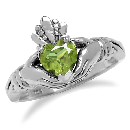 Silvershake Heart Gemstones Irish Celtic Claddagh 925 Sterling Silver Love Loyalty and Friendship Ring Jewelry for Women - 10 - natural green peridot