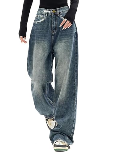 EMMIOL Jeans for Women Wide Leg Baggy Jeans High Waist Y2K Cargo Pants Casual Loose Boyfriends Trousers Vintage Streetwear - 3-dark Blue - XX-Large