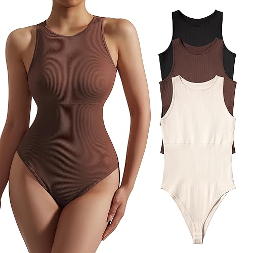 MOSHENGQI Women 3 Piece Ribbed Bodysuit Halter Neck Sleeveless Tank Tops Thong Shapewear - Large - Black-brown-beige