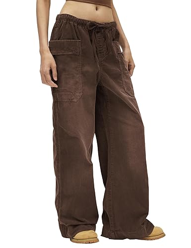 Ymejia Womens High Waist Pants Loose Fit Flared Legs Drawstring Elastic Waist Corduroy Wide Leg Pants with Pockets - Large - Brown