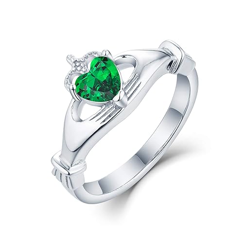 JO WISDOM 925 Sterling Silver Cubic Zirconia Rose Gold Claddagh Heart Promise Rings for Her,birthstone rings for Women - C-emerald - 10
