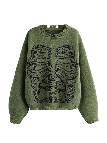 SHENHE Women's Oversized Skeleton Pattern Ripped Round Neck Sweater Pullover - X-Large - Green