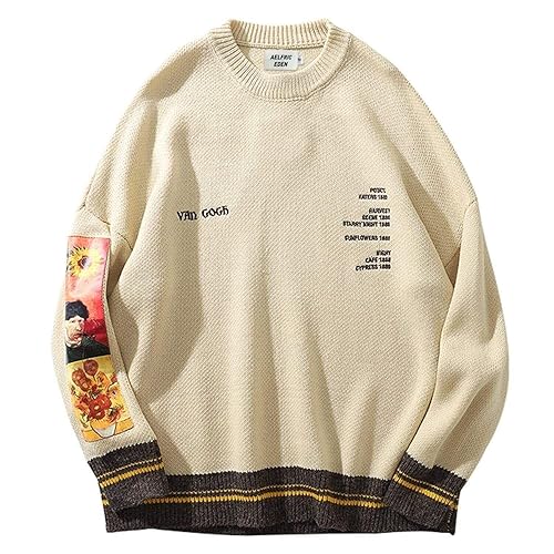 Aelfric Eden Oversized Sweater Graphic Van Gogh Printed Unisex 90s Vintage Women Knit Sweaters Men Casual 2024 Pullover - Beige - X-Large