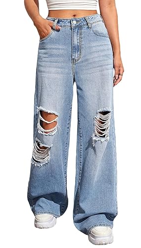 BestGirl Women's Baggy Jeans Pull On Stretchy Loose High Waisted Wide Leg Denim Pants Y2K 90s - XX-Large - N Light Blue
