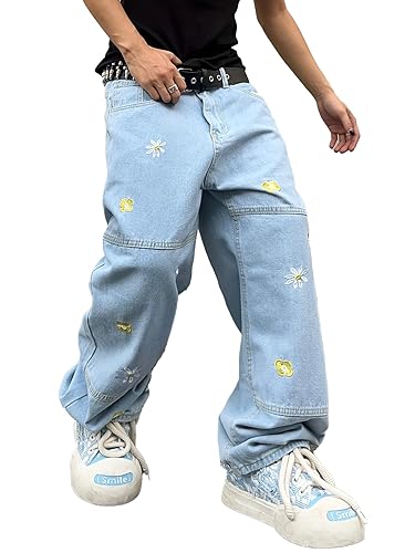 DFGIGT Mens Baggy Jeans Patchwork Flower Daisy Embroidery Skater Denim Pant Y2k Hip Hop Wide Leg Jeans - X-Large - A10 Blue