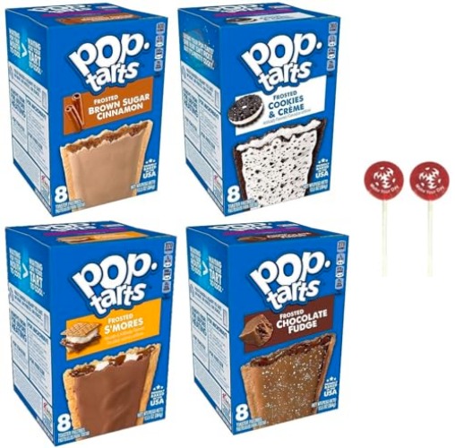Pop Tarts Variety, Brown Sugar Cinnamon, Cookies & Creme, Smores, and Chocolate Fudge, 13.5 Ounce (Pack of 4) - with Two MYD Lollipops or Bag Clip