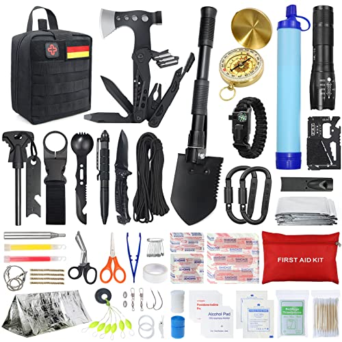 Außen Notfall Survival Kit mit Erste Hilfe Set, WayinTop 180PCS Survival Ausrüstung mit Wasserfilter Stroh Multi-Tool Hammer Axt, Geschenke für Männer Camping/Abenteuer/Wandern im Freien - Schwarz