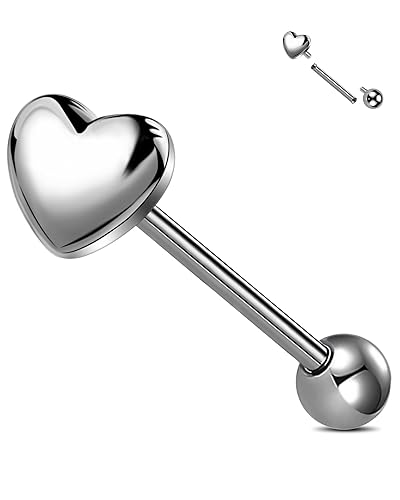Jewseen G23 Implant Grade Titanium Tongue Piercing Jewelry Heart Tongue Rings Internally Threaded Tongue Barbell for Women Men - titanium - 1.6*16mm