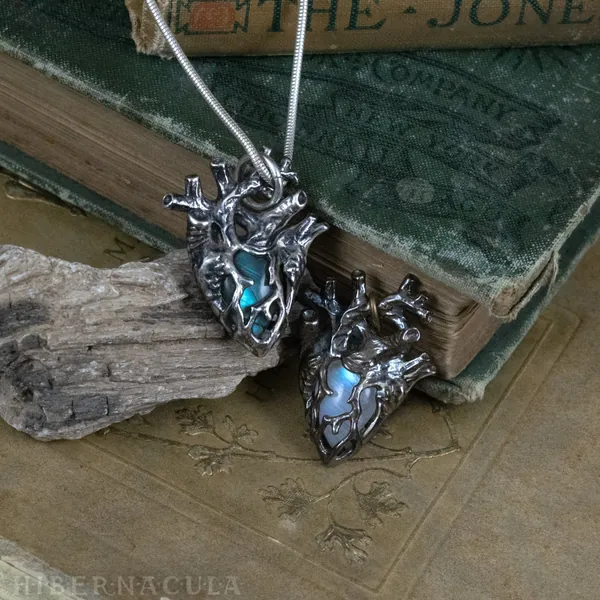 Heart of Stone - Labradorite  Moonstone or Chalcedony Miniature Anatomical Heart Pendant