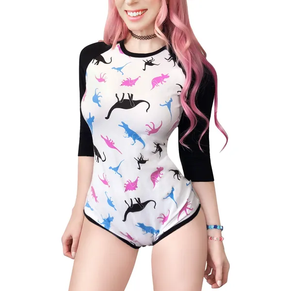 LittleForBig Bebé Adulto Amante del Pañal (ABDL) Mono Botón Entrepierna Onesie-Dinosaurios raglán manga de béisbol