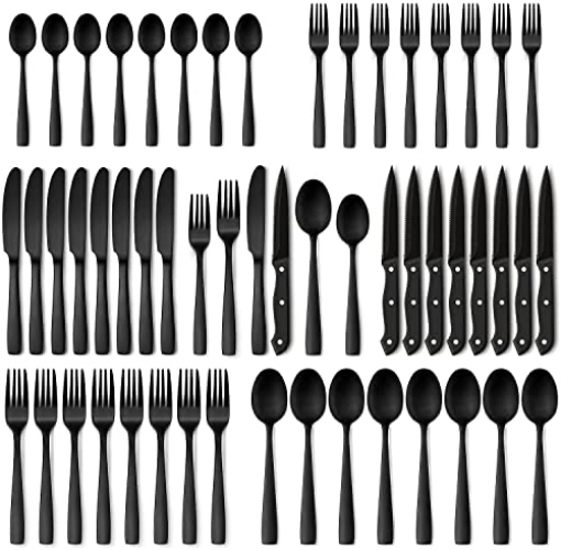 Hiware 48-Piece Matte Black Silverware Set with Steak Knives, Black Flatware Set for 8, Stainless Steel Tableware Cutlery Set, Utensil Sets for Kitchen - 48-Piece - Black