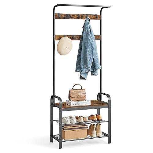 VASAGLE Coat Rack, Hall Tree with Shoe Bench for Entryway, Entryway Bench with Coat Rack, 4-in-1, with 9 Removable Hooks, a Hanging Rod, 13.3 x 28.3 x 72.1 Inches, Rustic Brown and Black UHSR40B - 28.3"W - Rustic Brown + Black