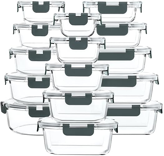 M MCIRCO 30 Pieces Glass Food Storage Containers with Snap Locking Lids,Glass Meal Prep Containers Set - Airtight Lunch Containers, Microwave, Oven, Freezer and Dishwasher - Gray