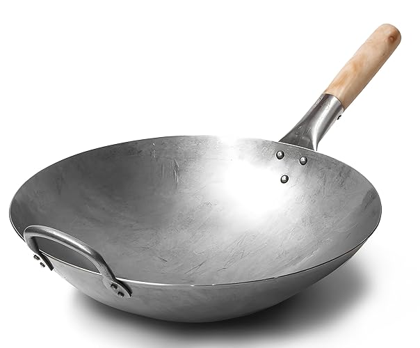 Craft Wok Traditional Hand Hammered Carbon Steel Pow Wok with Wooden and Steel Helper Handle (14 Inch, Round Bottom) / 731W88 - 14-in