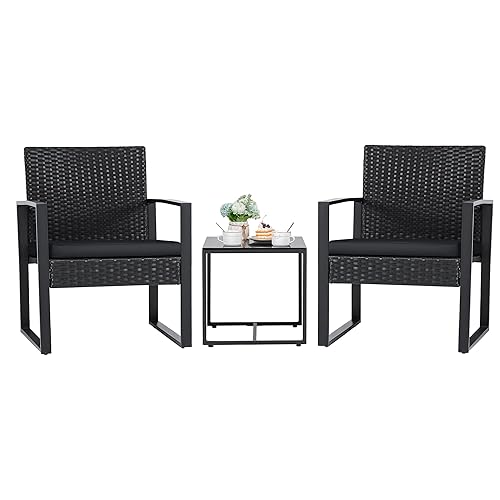 Flamaker 3 Pieces Patio Set Outdoor Wicker Furniture Sets Modern Rattan Chair Conversation Sets with Coffee Table for Yard and Bistro (Black) - Black