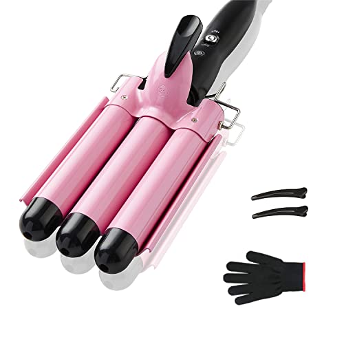 3 Barrel Curling Iron Hair Crimper, TOP4EVER 25mm（1 inch ）Professional Hair Curling Wand with Two Temperature Control,Fast Heating Portable Crimpers for Waving Hair (Pink)