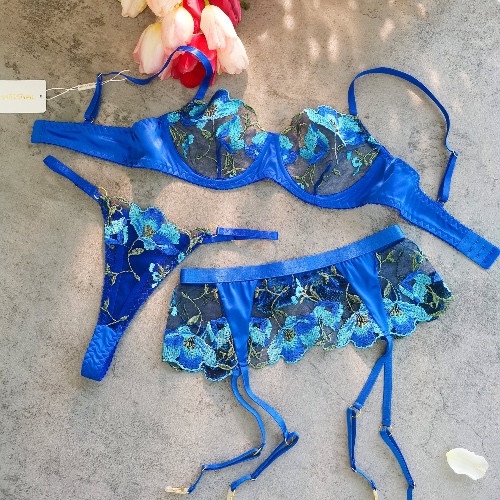 Sexy Blue Satin Floral Embroideried 3pc Lingerie Set With Garter Belt S,M,L | S / BLUE