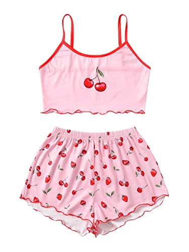 SweatyRocks Women's Summer Strawberry Print Cami Top and Shorts Sleepwear Pajamas Set - Small - Pink Cheery