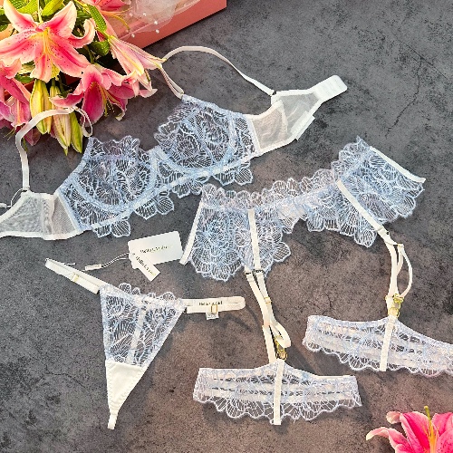 Light blue lace flower embroidery 3pc lingerie set with garter belt S,M,L ,XL | S / LIGHT BLUE