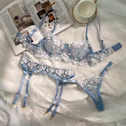Blue Cherry Blossoms Sheer Lace 3pc Lingerie Set S,M,L | S / BLUE
