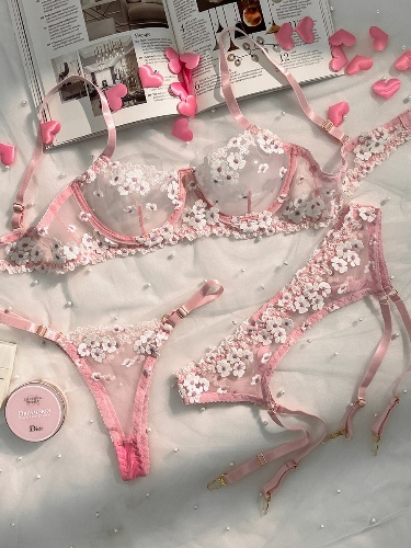 Pink Cherry Blossoms Sheer Lace 3pc Lingerie Set | S / PINK
